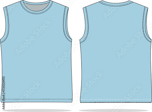 Blue tank top vector template, front and back views, men's or women's blank sleeveless shirt design, technical fashion flat sketch for apparel and clothing mockup.