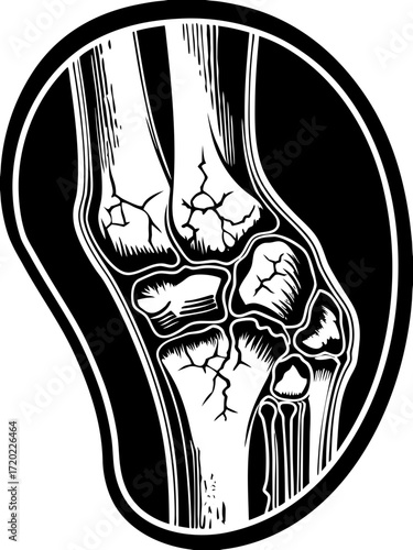 X-ray of fractured bone in knee joint showing detailed structure  