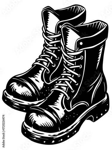 Black leather work boots with laces and sturdy soles  