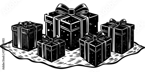 Wrapped gift boxes arranged on a white surface with bows  