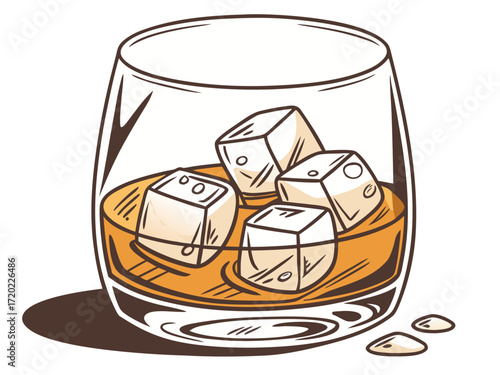 Whiskey on the rocks with ice cubes in a clear glass  