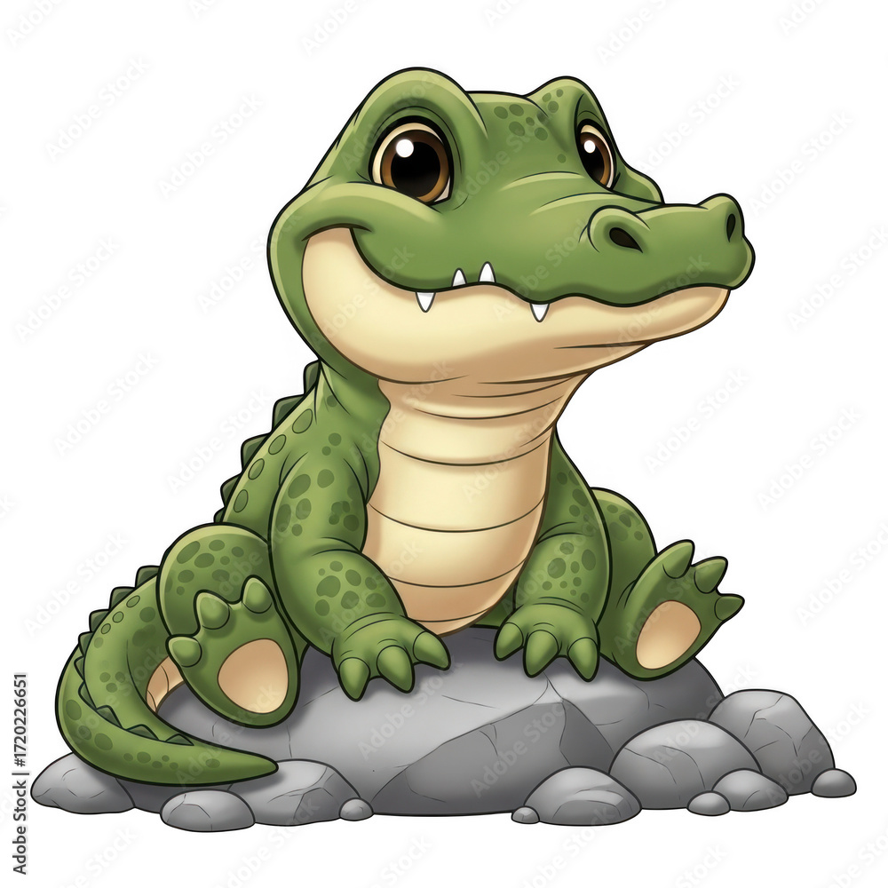Fototapeta premium Cute cartoon baby alligator sitting on rocks isolated on transparent background