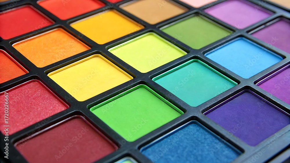 Naklejka premium Colorful Palette with Assorted Cosmetics Offering a Wide Spectrum of Vibrant Pigments and Beauty Accessories.