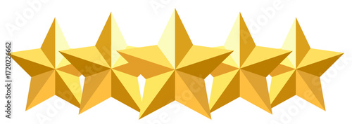 Golden five star rating, shiny 5 stars as a symbol of best quality, review and ranking for product or service
