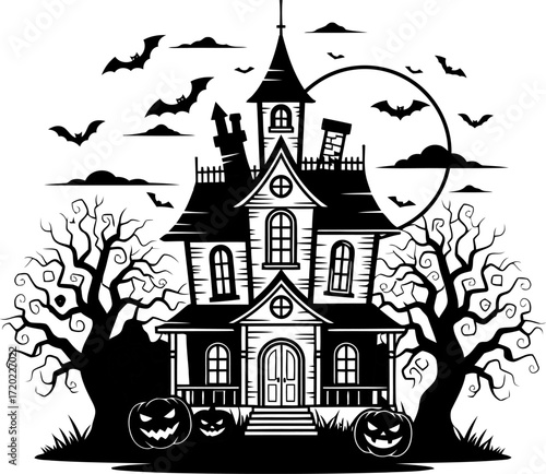 Spooky haunted mansion with jack-o-lanterns, bare trees, and flying bats under a full moon and cloudy sky