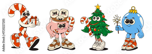Christmas Groovy retro holiday character set with candy cane mascot, cocoa mug with marshmallows, decorated Christmas tree and blue ornament bauble in sneakers for festive design