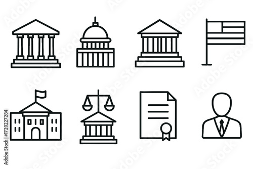 Outline vector icons of government buildings: courthouse, capitol, flag, person — set of modern line style icons, transparent background.  