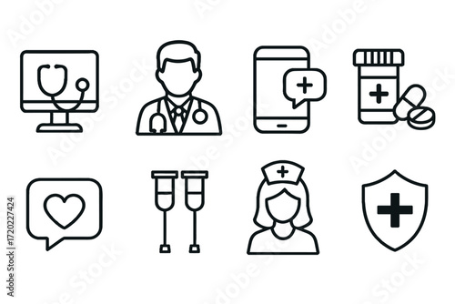 Outline vector icons of healthcare: doctor, nurse, medical equipment, phone  
