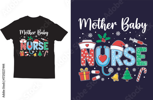 Mother Baby Nurse Christmas T-shirt Design Vector