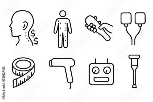 Outline vector icons of physiotherapy: head, body, massage, equipment, tape, therapy, pain relief, crutches — set of modern line style icons, transparent background.  
