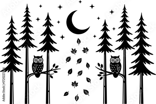 Two owls perched on branches in a forest with a crescent moon and falling leaves at night trees pine