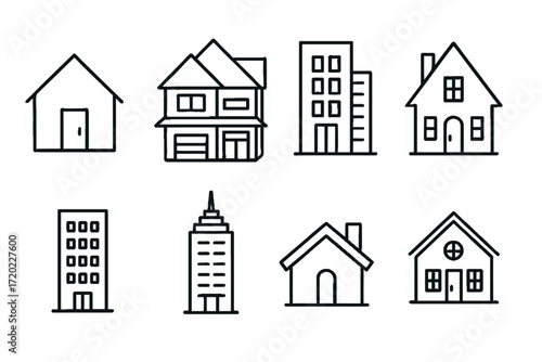 Outline vector icons of residential buildings — set of modern line style icons, transparent background.  