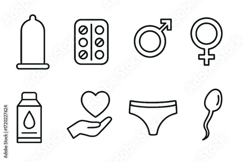 Outline vector icons of sexual health: condom, pills, male, female, heart, water, hand, underwear, sperm — set of modern line style icons, transparent background.  