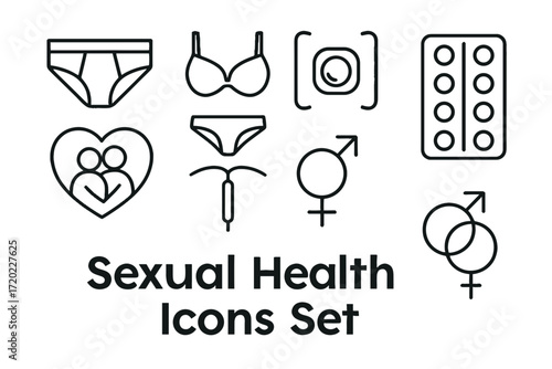 Outline vector icons of sexual health: underwear, contraceptives, symbols  