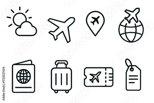 Outline vector icons of travel: sun, airplane, passport, suitcase, ticket  