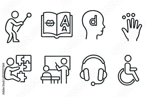 Outline vector icons of special education: learning, teaching, therapy — set of modern line style icons, transparent background.  