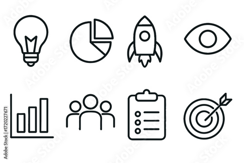 Outline vector icons of business concepts: light bulb, graph, rocket, target, clipboard, pie chart, eye — set of modern line style icons, transparent background.  
