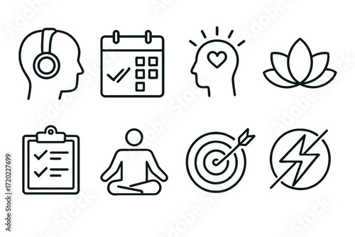 Outline vector icons of stress management: meditation, schedule, goals, wellness, checklist, focus  