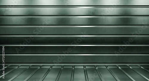 Dark Metallic Interior Background with Horizontal Wall Panels and Ribbed Floor