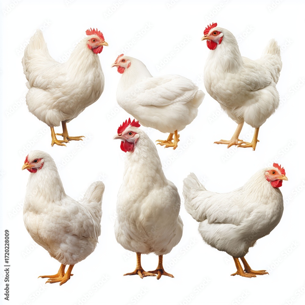 Fototapeta premium Five White Chickens Isolated on White Background , PNG isolated cut out image