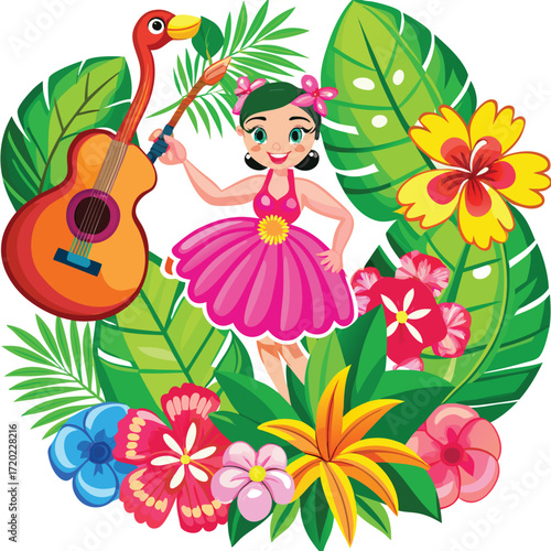 Cartoon Hula Dancer with Guitar and Tropical Flowers and Leaves Keywords: hula dancer, cartoon