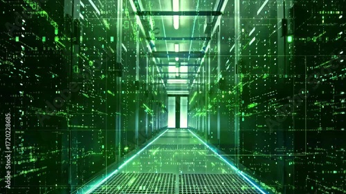 Futuristic server room flythrough with data and network overlays