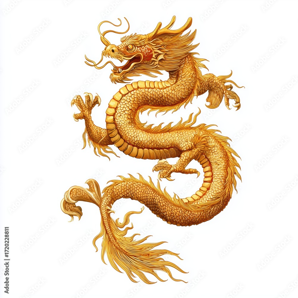 Fototapeta premium Majestic Golden Dragon, Chinese Art , PNG isolated cut out image