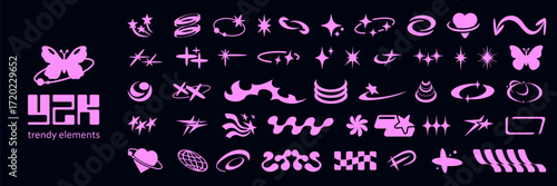 Set of bling Y2K star icons with sparkle shapes and retro shine elements. Abstract geometric set for stickers or modern graphic design packs. Minimalist burst effects with glitter and twinkle.