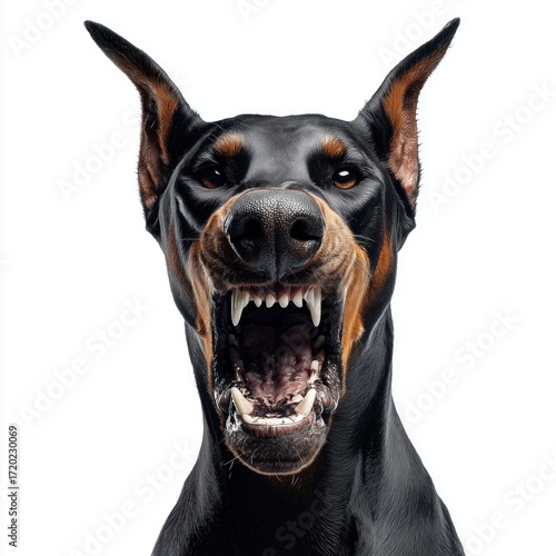 Ferocious Doberman Portrait , PNG isolated cut out image