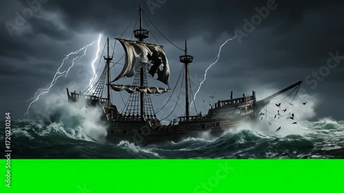 Pirate Shipwreck in Storm - Green Screen - A distressed pirate galleon is tossed about by ferocious waves during a violent storm, with lightning striking in the background.