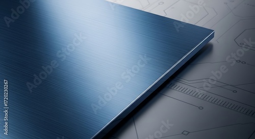 Brushed Blue Metal Plate on a Technological Circuit Pattern Background