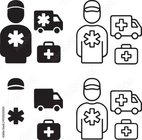 EMT pictogram icon set, emergency medical design, EMT pictogram vector, health rescue symbol, ambulance aid, first responder, professional minimal pack