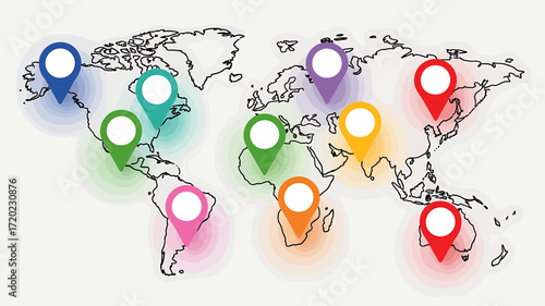 Global map with colorful location pins showing worldwide destinations and travel routes