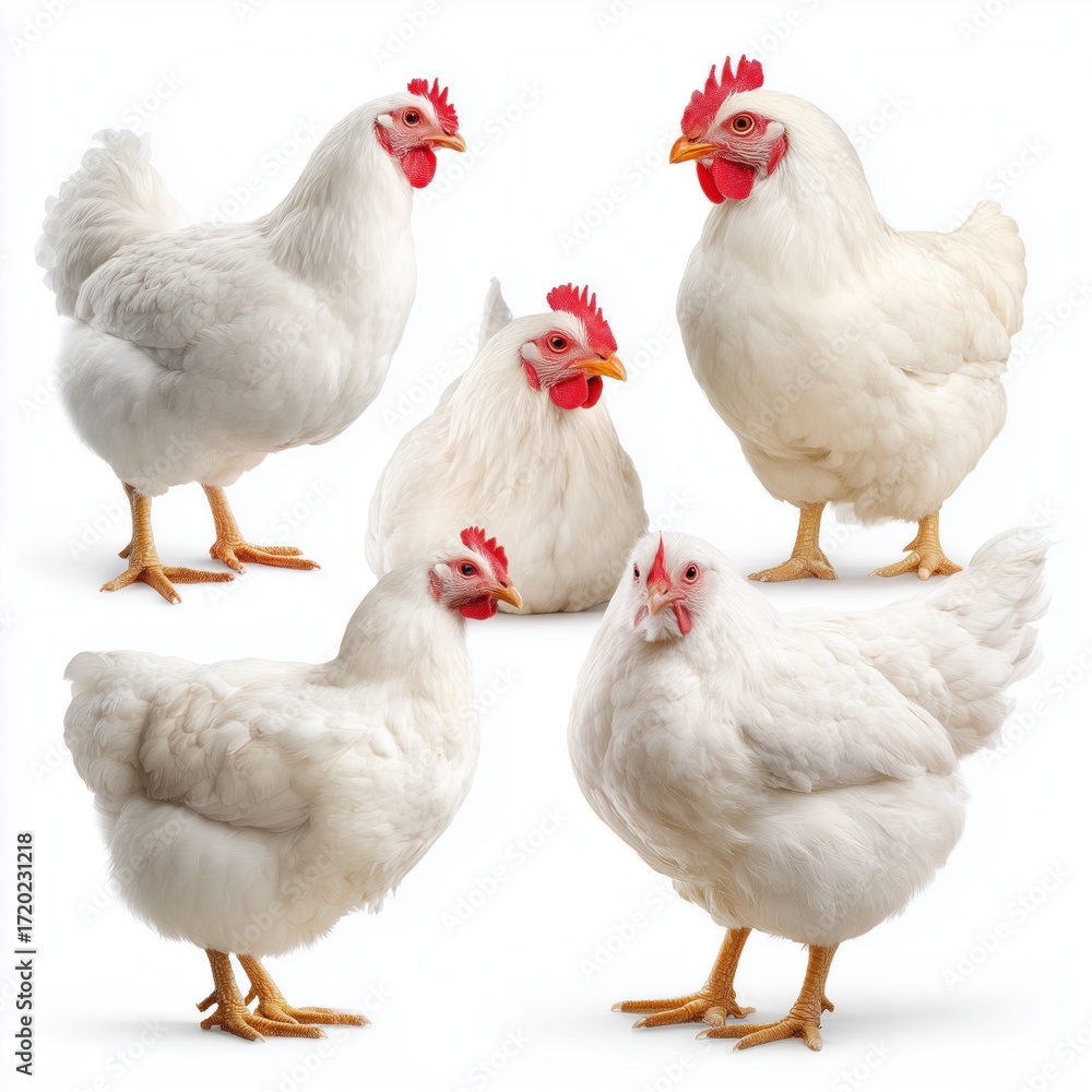 Fototapeta premium Five White Chickens on a White Background , PNG isolated cut out image