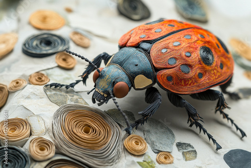 Paper and wood ladybug art.