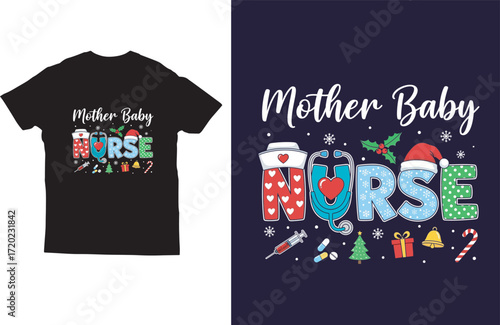 Mother Baby Nurse Christmas Typography T-shirt Design Vector