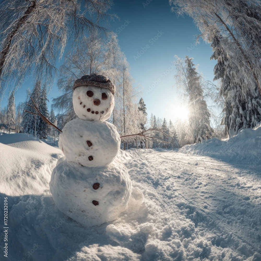 Obraz premium panoramic view of happy snowman in winter secenery with copy space 