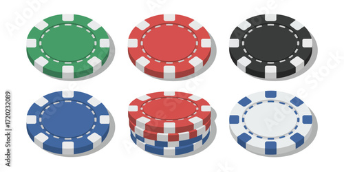 Casino chips set with bright colors – gambling tokens for poker, blackjack, and casino games