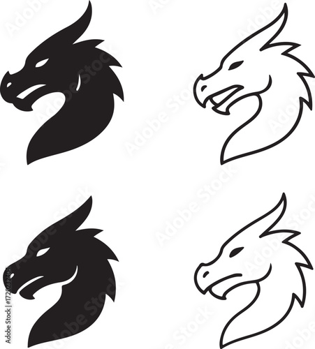 Black dragon icon set, fantasy creature design, black dragon vector, myth legend symbol, powerful beast, fire illustration, professional minimal pack