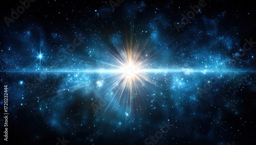A radiant burst of light illuminates the vastness of space, with glowing streaks and countless stars.