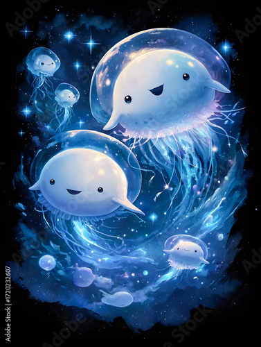 Adorable glowing jellyfish whales floating in cosmic starry ocean