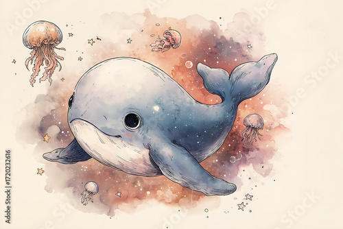 Cute cosmic whale swimming with jellyfish in dreamy galaxy sky illustration