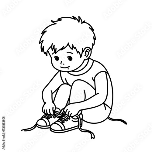 Young boy sitting and tying his shoelaces on white background  