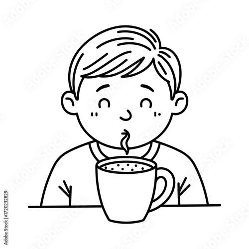 Young boy sipping hot beverage from a mug with a smile  