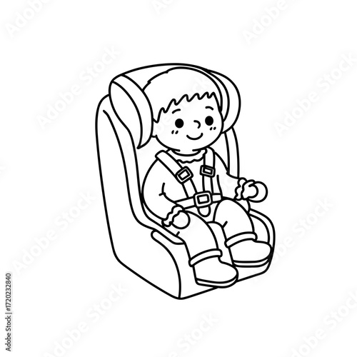 Child sitting in car seat with seatbelt smiling in black and white  