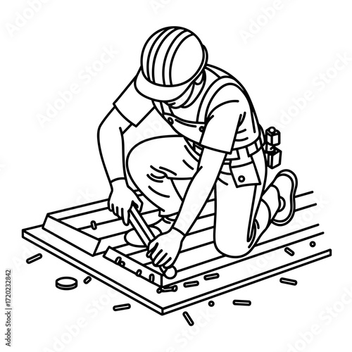 Construction worker using a chisel while kneeling on wooden boards  