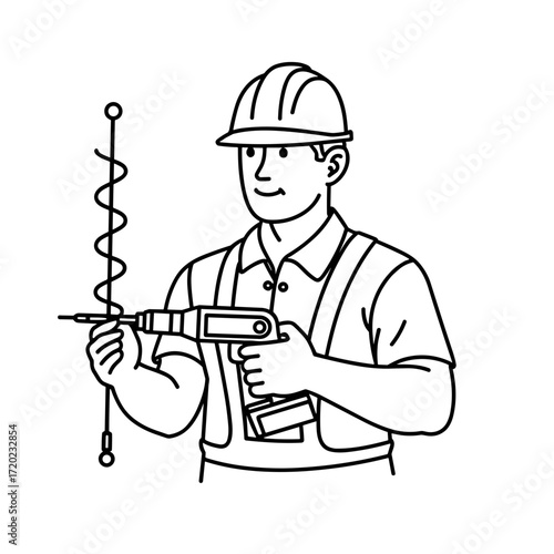 Construction worker holding a drill and inspecting an antenna  