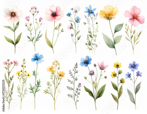 Vibrant watercolor wildflowers bloom in a delicate collection, perfect for bringing natural beauty and fresh spring vibes to any design project.