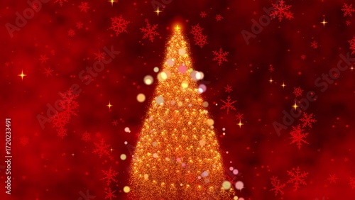 A Magical Christmas Animation Featuring a Sparkling Christmas Tree Surrounded by a Festive Red Background and Shimmering Snowflakes and Stars