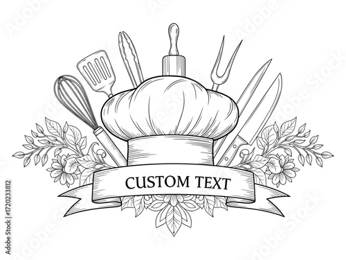 Chef Hat with Kitchen Tools and Floral Elements Line Art for Logo or Label Design